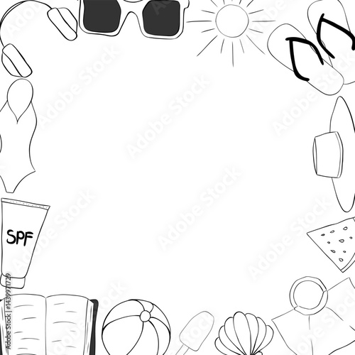 Beach essentials square frame template for text. Vector graphic line ink illustration. For vacation poster, beach party invitation, backdrop, ad, sale promotion, print for t-shirt