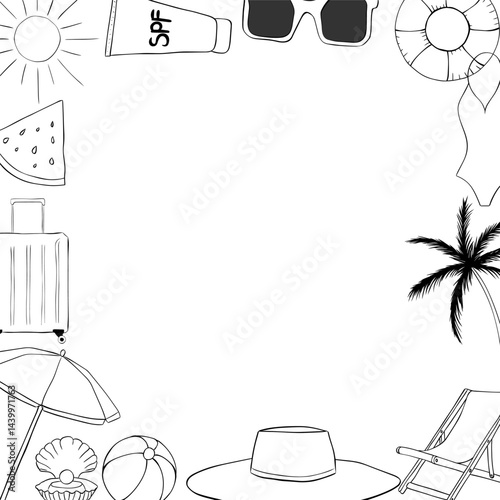 Beach vacation square frame template for text. Vector graphic line ink illustration. Sample poster, party invitation, holiday banner, postcard. Design for package, cosmetic, textile, cards.