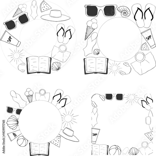 Beach essentials square frame template for text. Vector graphic line ink illustration. For vacation poster, beach party invitation, backdrop, ad, sale promotion, print for t-shirt