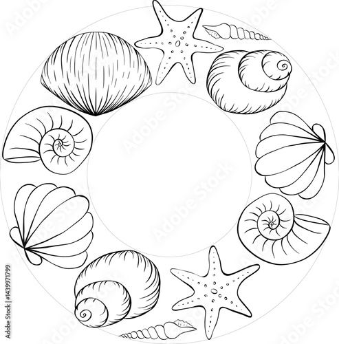 Seashell circle round frame template for text. Vector graphic line ink illustration free hand drawing, sketch style. Banner, poster, wrapping paper, sticker, print, modern textile design.