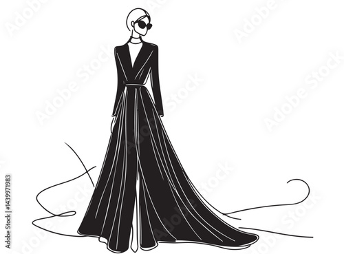 sketch fashion model in long black dress and sunglass. Abstract