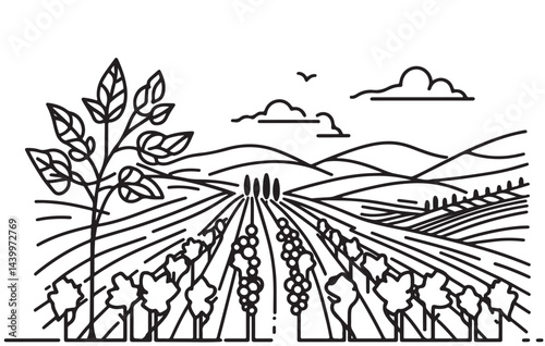 Vineyard fields and tree landscape linocut. line silhouette sketch