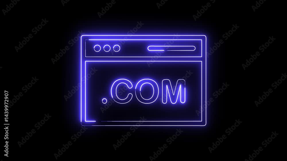 Neon animated website window displaying domain extension com for online technology marketing