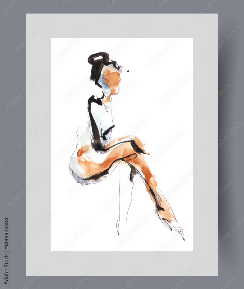 Naked woman with abstract outline sits with legs crossed on print. Watercolor poster. Artwork with erotic naked woman showing passion and seduction, in frame with decor for wall art