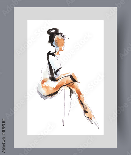 Obraz na płótnie Naked woman with abstract outline sits with legs crossed on print. Watercolor poster. Artwork with erotic naked woman showing passion and seduction, in frame with decor for wall art w salonie