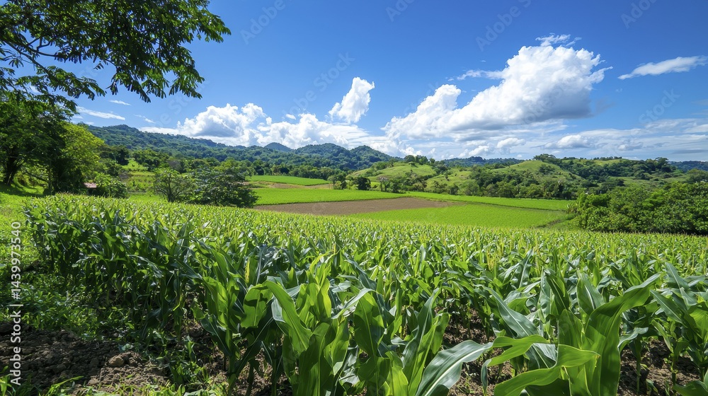 vibrant cornfield stretches under bright blue sky, showcasing lush green crops and rolling hills in background vibrant cornfield stretches under bright blue sky, showcasing lush green crops and rolling hills in background