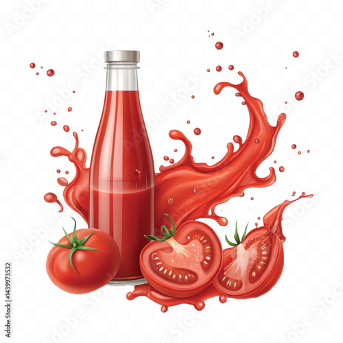 realistic 3d red tomato juice or ketchup sauce splashes isolated on transparent background