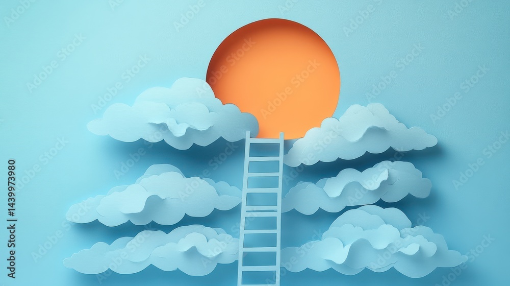 Aesthetic paper craft scene depicting a ladder reaching towards the sun through clouds Aesthetic paper craft scene depicting a ladder reaching towards the sun through clouds