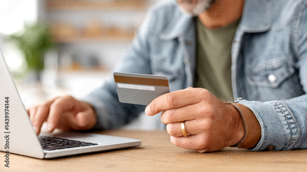 A man makes an online payment using a credit card and laptop at home. A man makes an online payment using a credit card and laptop at home.