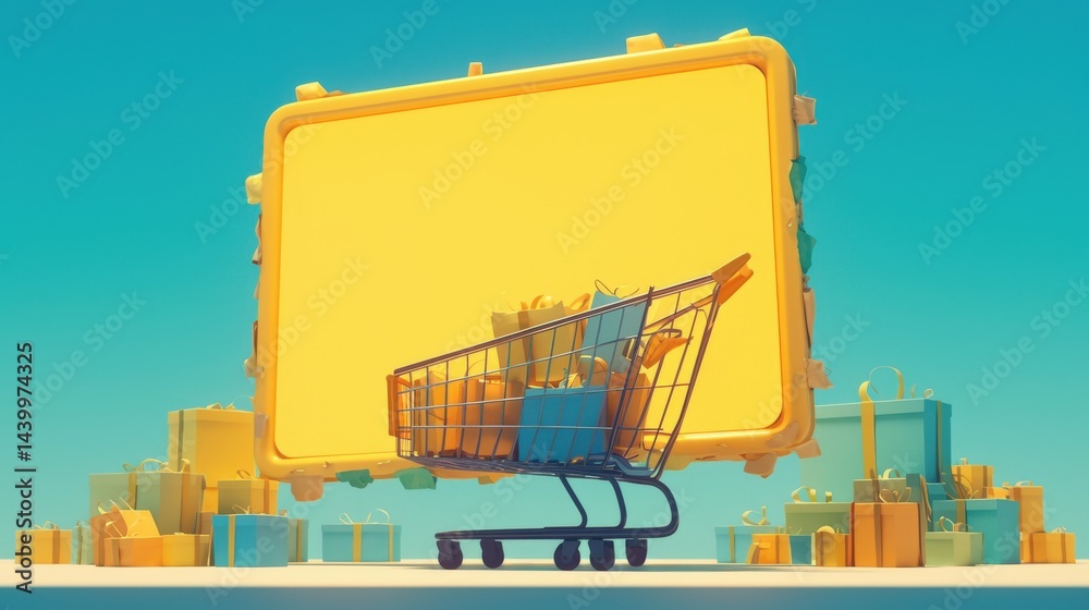 Fototapeta premium Shopping cart filled with gifts before large blank sign