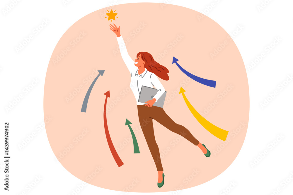 Ambitious woman strives for business progress, grabbing star from sky and reaching new level in career. Successful girl makes progress in job thanks to hard work and lack of laziness.