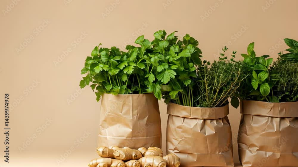 Fresh herbs and potatoes in ecofriendly paper bags: a natural culinary delight