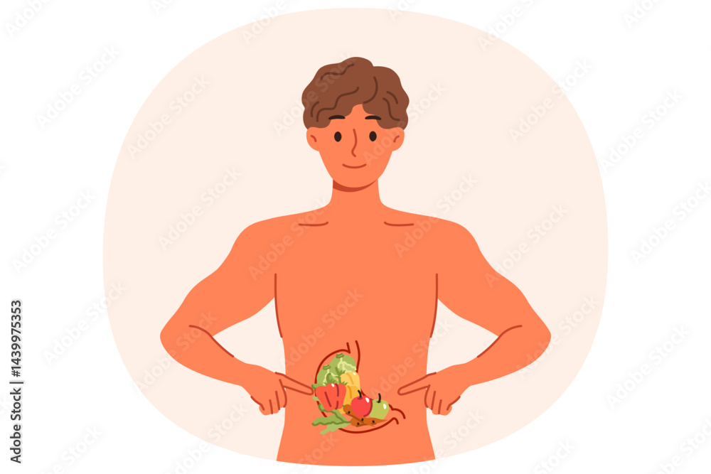 Man recommends healthy diet, points to vegetables inside stomach, stands with naked torso. Diet guy explains benefits of eating fresh produce from farmer market or organic section of supermarket