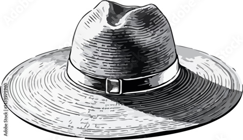 Summer wide-brim hat silhouette line art on white background