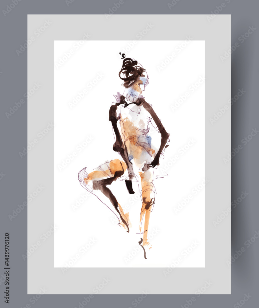 Abstract silhouette of naked woman posing, sitting on invisible chair on wall art. Watercolor artwork. Print with naked girl without clothes demonstrating erotic image, in frame with decor for poster