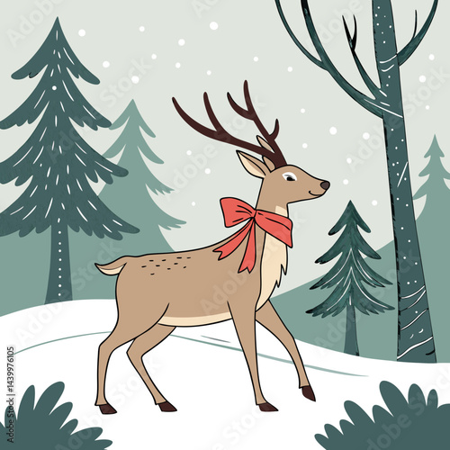 A charming watercolor illustration featuring a Christmas reindeer amidst a snowy forest, perfect for winter greeting cards celebrating the festive season.