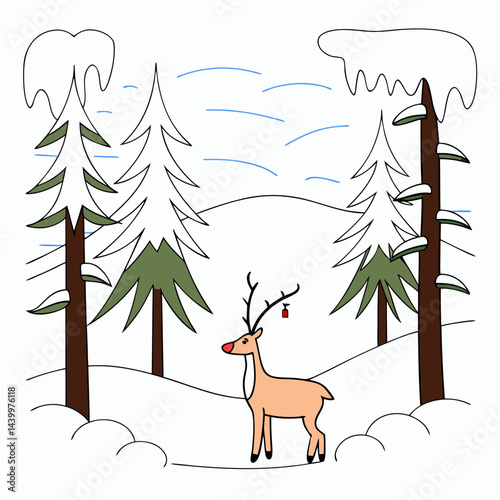 A charming watercolor illustration featuring a Christmas reindeer amidst a snowy forest, perfect for winter greeting cards celebrating the festive season.