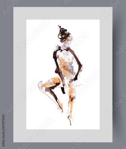 Obraz na płótnie Abstract silhouette of naked woman posing, sitting on invisible chair on wall art. Watercolor artwork. Print with naked girl without clothes demonstrating erotic image, in frame with decor for poster w salonie