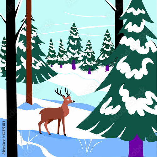 A charming watercolor illustration featuring a Christmas reindeer amidst a snowy forest, perfect for winter greeting cards celebrating the festive season.