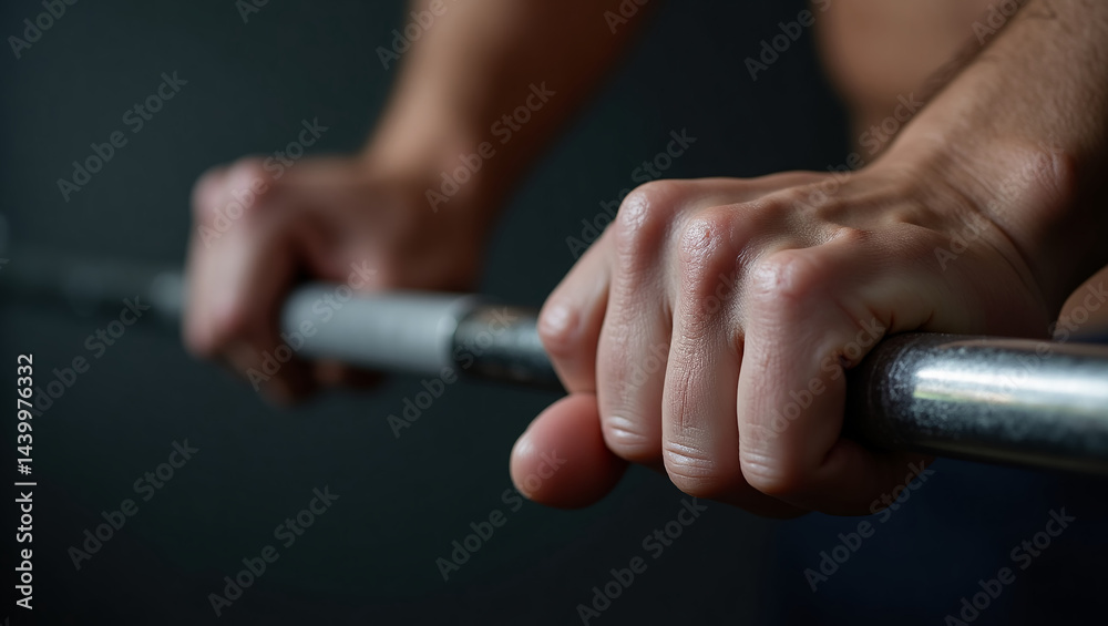 Fototapeta premium Emphasis on lifting weights. Close-up of hands gripping a barbell, with tense muscles and veins.