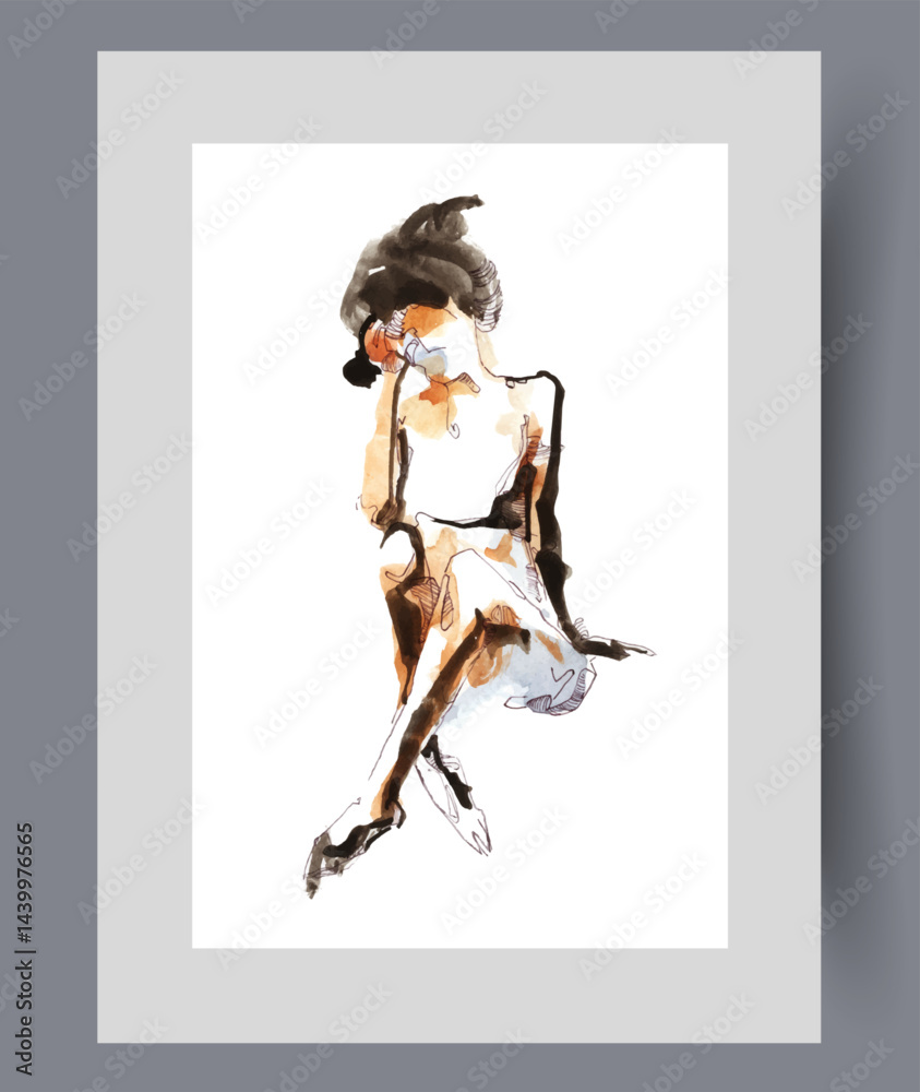 Erotic image of naked woman sitting cross-legged on print and thoughtfully touching face. Watercolor poster. Artwork with naked lady with graceful slender figure, in frame with decor for wall art