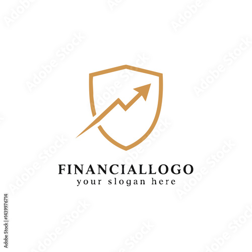 Financial logo combining shield outline and growth arrow graph for secure investment branding.
