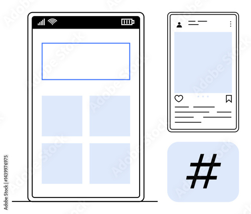 Smartphones with grid layout, social media post template, and metadata tag. Ideal for social media, content creation, digital marketing, branding, app design, communication simple landing page