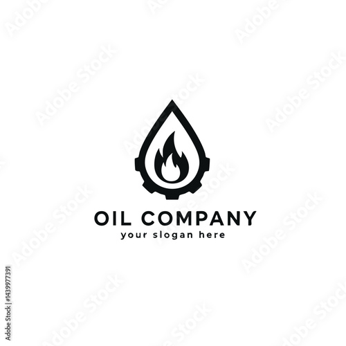 Oil company logo combining flame droplet and gear frame icon for industrial fuel business.
