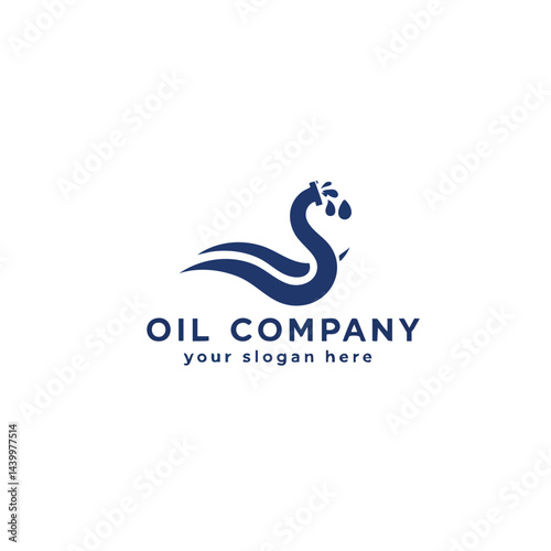 Oil Company Logo with Abstract Blue Fluid Wave or Swan Shape Emitting Drops Illustration.

