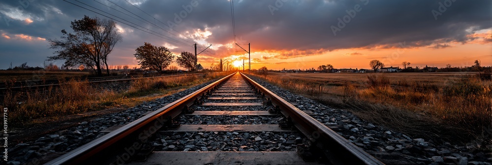 Naklejka premium Railroad Tracks at Sunset, Countryside, Journey