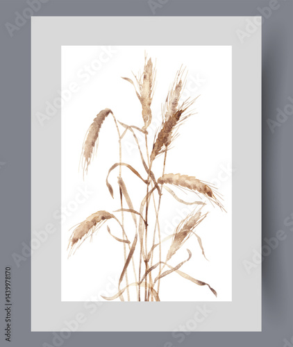Obraz na płótnie Spikelets wheat dried in summer heat and ready for start of harvest on wall art. Watercolor artwork. Print with plant with spikelets filled with grains for making flour, in frame with decor for poster w salonie