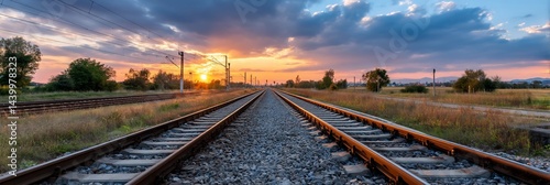 Railroad tracks at sunset, rural landscape, possible use for travel advertisement