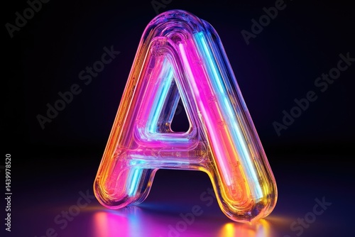 Neon letter A, vibrant colors, glowing, glass-like texture, dark background. 3D render.