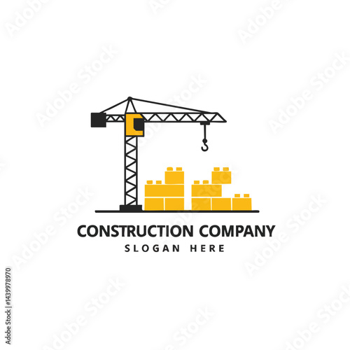 Construction company logo with tower crane and building blocks vector illustration for building industry.
