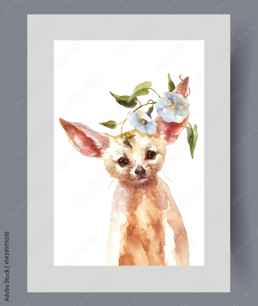 Small fennec animal with big ears or baby ladder with flowers above its head on print. Watercolor poster. Artwork with baby fennec looking friendly from canvas, in frame with decor for wall art