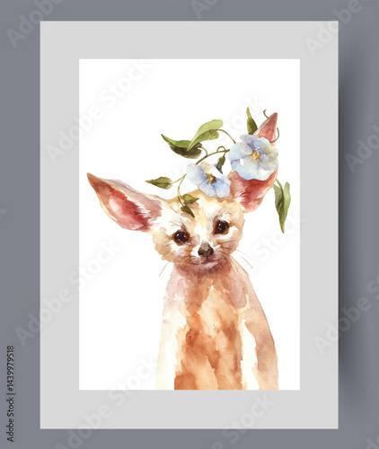 Obraz na płótnie Small fennec animal with big ears or baby ladder with flowers above its head on print. Watercolor poster. Artwork with baby fennec looking friendly from canvas, in frame with decor for wall art w salonie