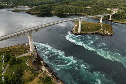 Aerial View of Saltstraumen Strait and Bridge, Nordland, Norway