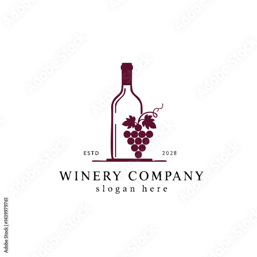 Winery Company Logo with Line Art Wine Bottle and Grape Cluster Illustration for Vineyard.

