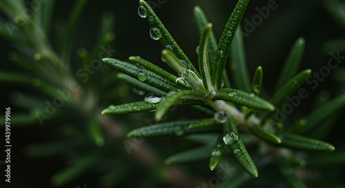 Rosemary Plant with Water Droplets Close-Up