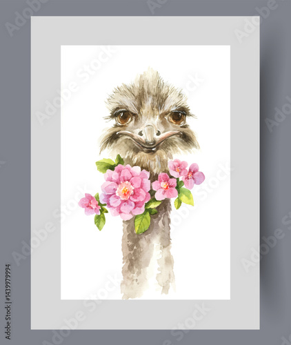 Ostrich with long neck and large beak with spring flowers and petals on wall art. Watercolor print. Artwork with giant ostrich bird with cute smile on its face, in frame with decor for poster