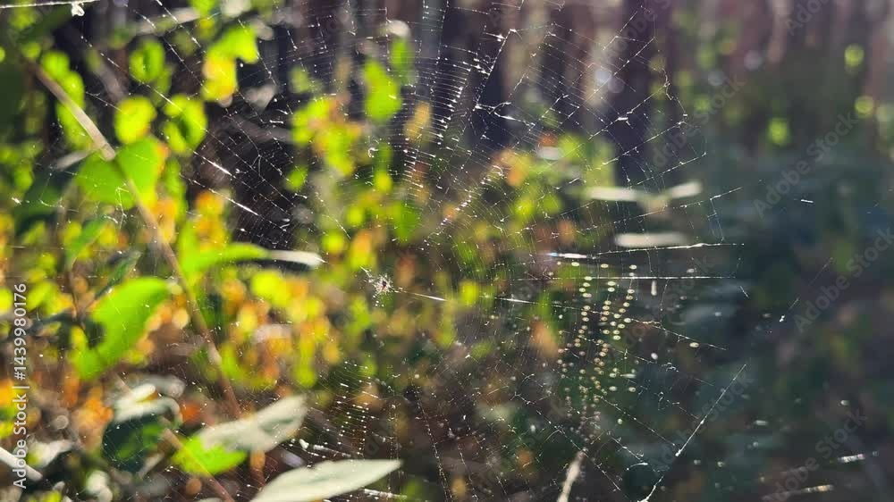 Spiderweb swaying in wind at forest with sunlight at background. Spider builds a cobweb at woodland. Beautiful nature scene on summer park at sunset. Concept of wildlife. Slow motion Spiderweb swaying in wind at forest with sunlight at background. Spider builds a cobweb at woodland. Beautiful nature scene on summer park at sunset. Concept of wildlife. Slow motion
