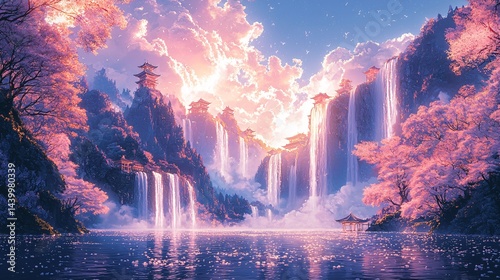 Waterfall Wonderland with pink cherry blossoms flying