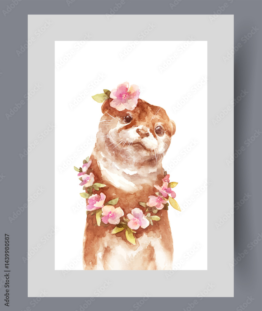 Fluffy mink with flowers on its head and neck tilts its head to sides on poster. Watercolor artwork. Wall art with cute mink who wants to be friends with people, in frame with decor for print