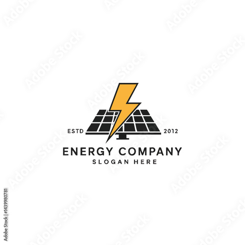Energy company logo with solar panels and yellow lightning bolt, symbolizing solar power and renewable electricity.
