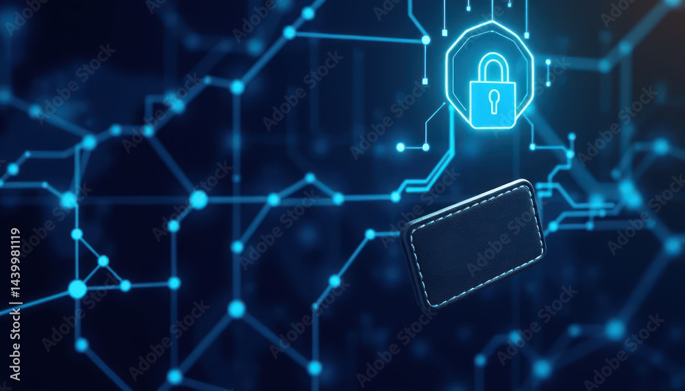 Fototapeta premium Digital security concept with padlock symbol and network connections in a technology landscape representing data protection and cybersecurity solutions