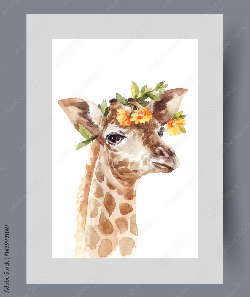 Spotted giraffe from african savannah, with wreath of flowers on its head on poster. Watercolor artwork. Wall art with cute giraffe from nature reserve with rare animals, in frame with decor for print