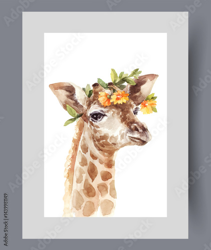 Spotted giraffe from african savannah, with wreath of flowers on its head on poster. Watercolor artwork. Wall art with cute giraffe from nature reserve with rare animals, in frame with decor for print