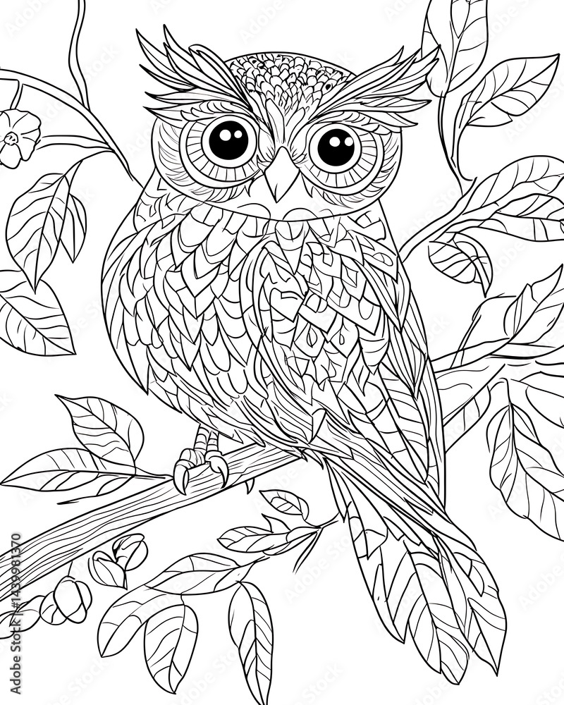 Obraz premium Ornate Owl on Branch with Coloring Page. (5)