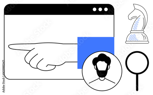Hand pointing on browser interface, chess knight, magnifying glass, and user profile. Ideal for leadership, strategy, decision-making, analysis targeting user focus vision. Flat simple metaphor
