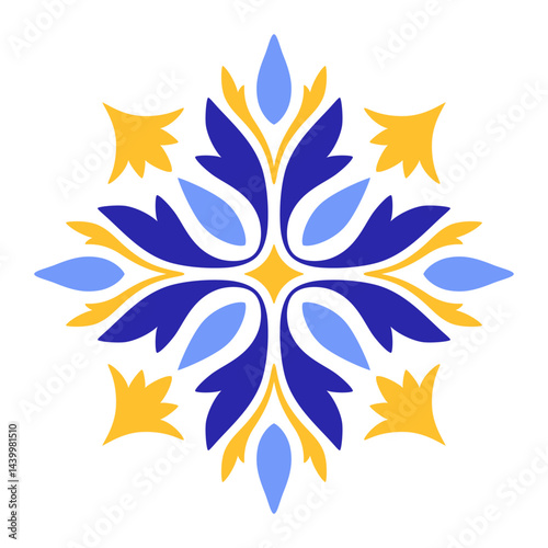 Mediterranean blue yellow floral motif on white background. Ethnic mosaic design for ceramic tile. Portuguese, Moroccan, Spanish ornament. Vector illustration